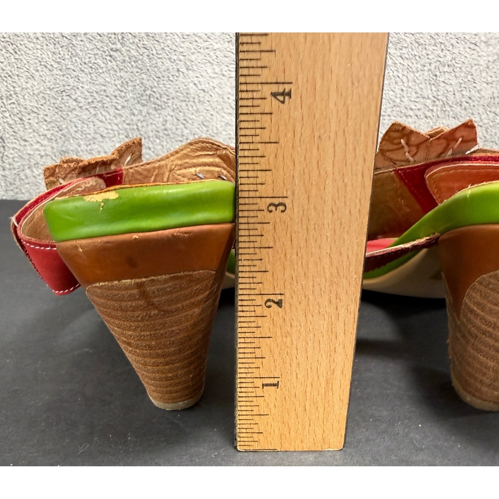 L'Artiste Toucy Heeled Sandals Womens 41 Green Red Leather Floral Boho Slides - Picture 5 of 12